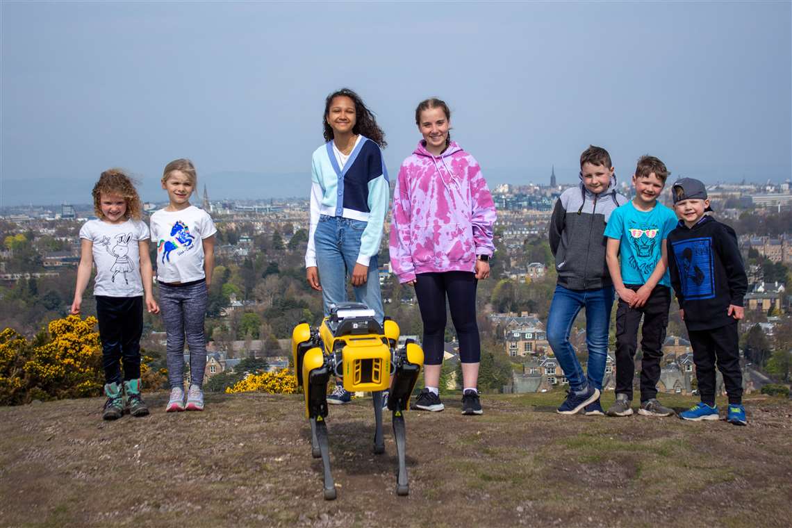 School pupils in Edinburgh with the new robot on Blackford Hill in Scotland