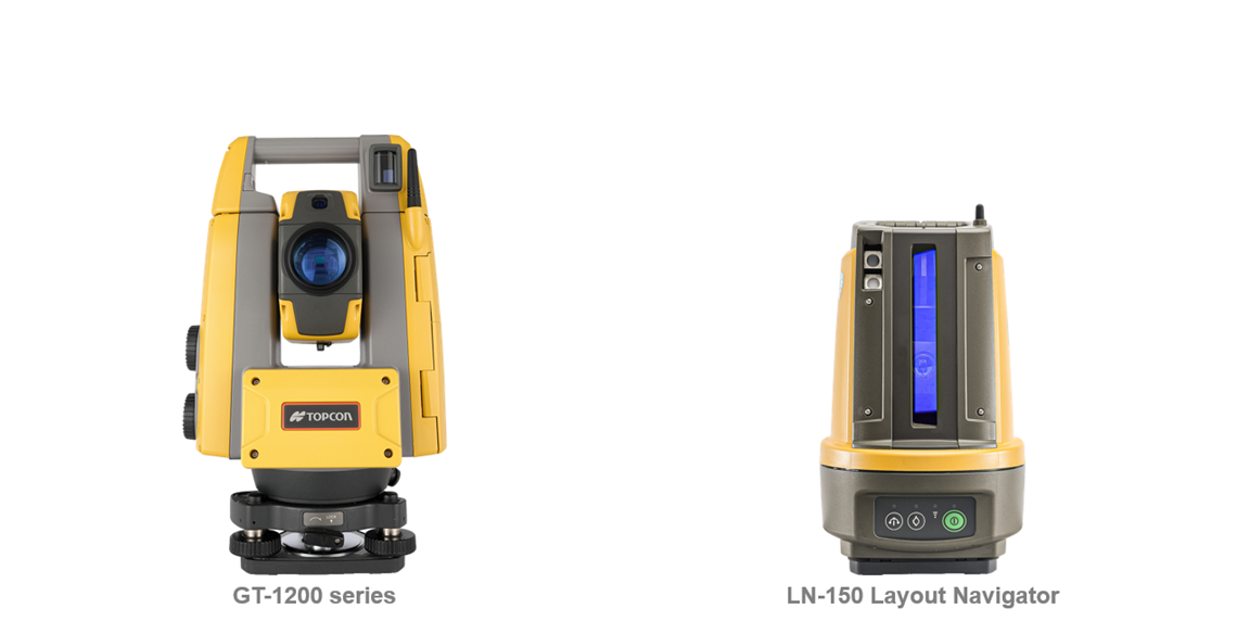 Topcon's new GT-1200 robotic total station (left) and LN-150 robotic layout navigator (right)
