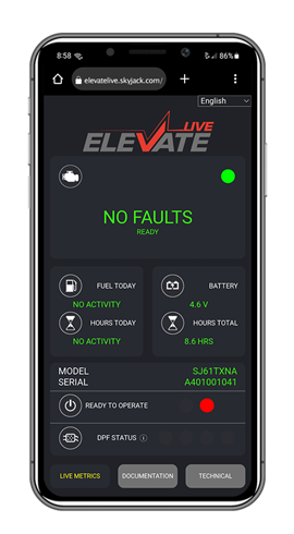 The 'home' screen of ELEVATE Live 2.0 for a boom lift on a smart phone. 