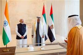 Sheikh Mohamed bin Zayed Al Nahyan, President of the UAE, and Narendra Modi, Prime Minister of India, during a reception at the Presidential Airport, in Abu Dhabi, United Arab Emirates, 13 February, 2024.