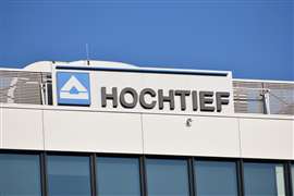 Hochtief logo, signage, emblem on the facade of German construction company. WARSAW, POLAND