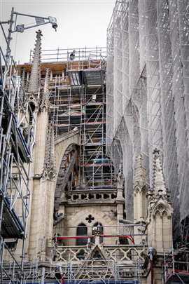 Scaffolding on Notre-Dame de Paris cathedral in Paris, France on the fourth anniversary of the fire that destroyed its roof and spire.