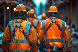 Back view of a group of construction workers wearing orange safety clothing, hard hats and harnesses walking through the middle of a construction site.