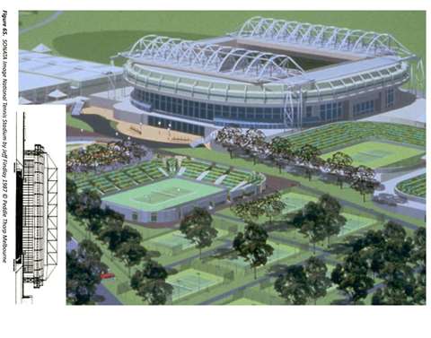 A screenshot from Ingram's book showing a Sonata image of the National Tennis Stadium by Jeff Findlay from 1987.