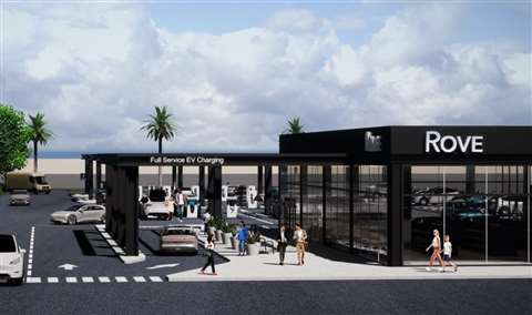 A digital rendering of a Rove EV charging centre 